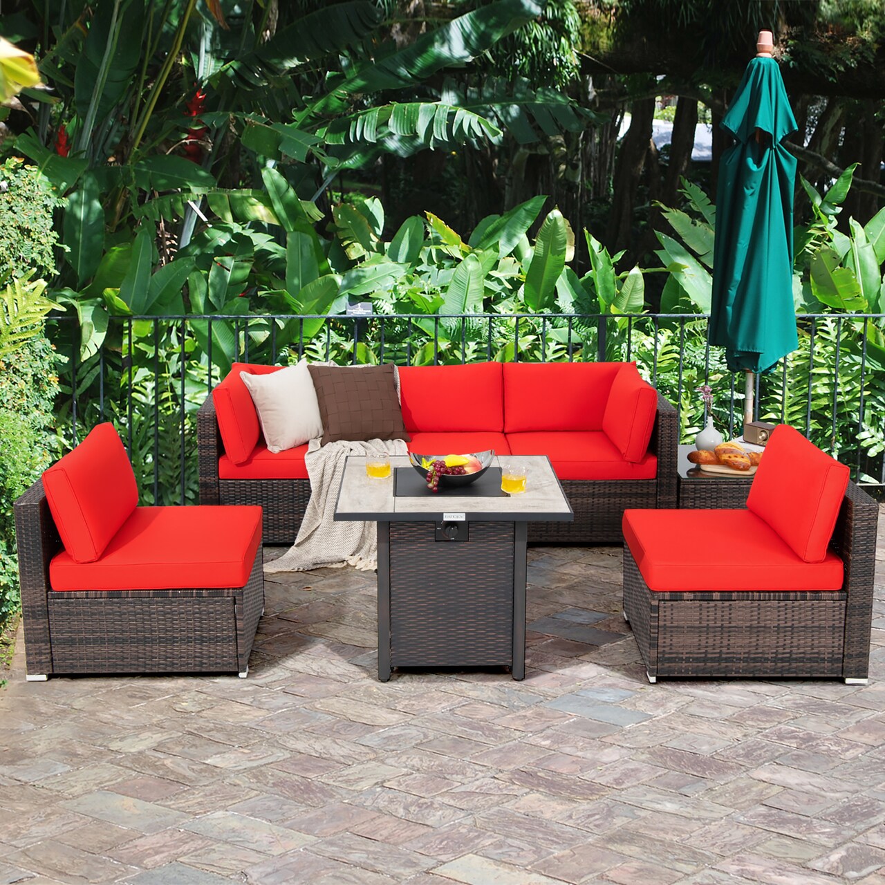 Costway 7PCS Patio Rattan Furniture Set 30'' Fire Pit Table Cover Cushion Sofa Off White\Black\Navy\Red\Turquoise